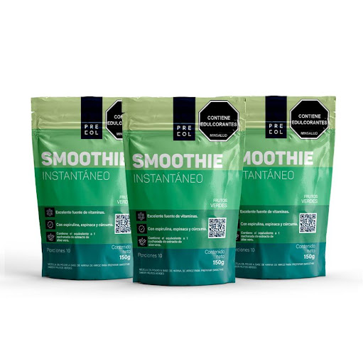 Smoothie + Precol + Frutos Verdes + 150 g + Pack 3 und PRECOL 150gr cada unidad  x 3 UND SMOOTHIE INSTANTÁNEO FRUTOS VERDES es un producto alimenticio en polvo granular que presenta una coloración verde claro cremoso con notas de aroma y sabor característicos a limón, hierbabuena, manzana