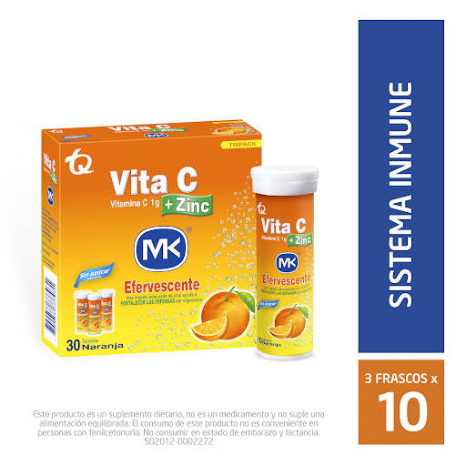 Vita C + Zinc Ácido Ascórbico + Zinc 1gr/10mg MK Tripack x 10 Tabletas Efervescentes