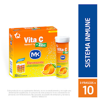 Vita C + Zinc Ácido Ascórbico + Zinc 1gr/10mg MK Tripack x 10 Tabletas Efervescentes  