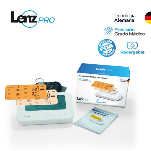 Tensiómetro Digital recargable Lenz Pro, con Altavoz y Tecnología Alemana, Grado Medico, Caja x 1 Lenz Caja x 1 Con el tensiómetro Lenz Pro AES-U622 recargable, monitorea tu presión arterial con la confianza de un equipo validado clínicamente, el equipo cuenta con una pantalla divida en 2 en la que en una pueda