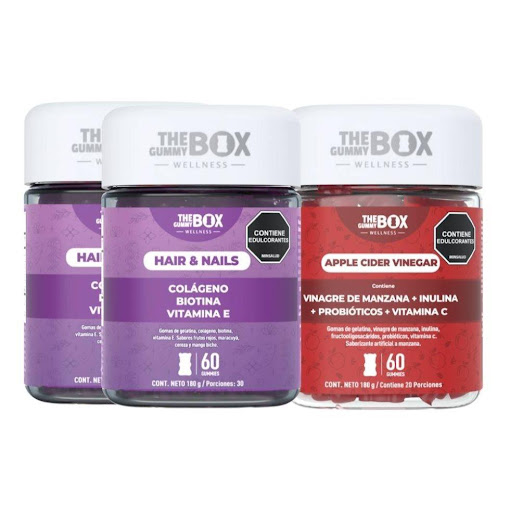 COMBO : Colageno y Biotina con Vitamina E x2 + Vinagre de manzana . Fibra prebiótica e Inulina en gomitas.  THE GUMMY BOX TARRO X 60 GOMITAS x 3 COMBO : Colageno y Biotina con Vitamina E x2 + Vinagre de manzana . Fibra prebiótica e Inulina en gomitas.