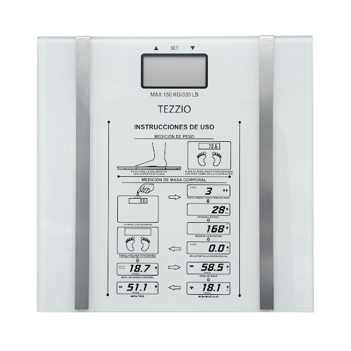 Báscula Digital Tezzio en Vidrio 5 Funciones Tezzio Caja x 1 Báscula digital de uso doméstico con capacidad de 3 a 150 kg y graduación de 100 g. Mide BMI, grasa corporal, nivel de agua, masa muscular y ósea, mostrando porcentajes separados. Guarda hasta 10 perf