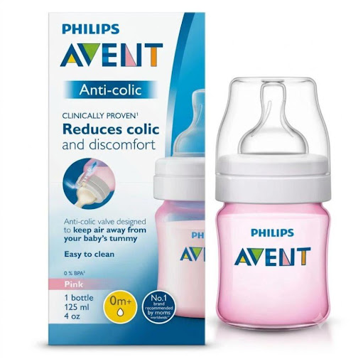 Tetero Anti-colico con Válvula Anticólicos Rosa 4oz (0meses+) Flujo 1 Avent Caja x 1