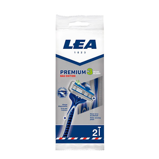 LEA Máquina de Afeitar Premium 3 Hojas Pack x2 LEA Frasco x 1 Maquinilla triple hoja, con banda lubrificada con Aceite de Argán, Aloe Vera y Vitamina E y cabezal basculante que se adapta al contorno de la cara, para un afeitado perfecto. Mango ergonómico antides
