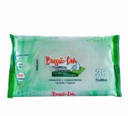PAÑITOS HUMEDOS BASIC DIN 35 UNIDADES BASIC FARM Bolsa x 35 Las Basic Toallitas Húmedas son una solución práctica y eficaz para la higiene de colaboradores en distintas industrias. Su fórmula combina Clorhexidina, un potente agente antiséptico, con Aloe Vera, 