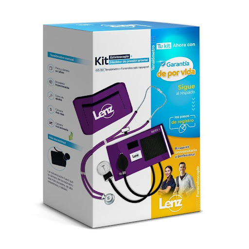 Kit Fonendo + Tensiómetro Lenz Púrpura Lenz  x 1 Kit de diagnóstico LENZ Royal en color púrpura, compuesto por fonendoscopio tipo Rappaport de doble campana y tensiómetro aneroide de alta precisión. Diseñado para la medición manual de la presión art