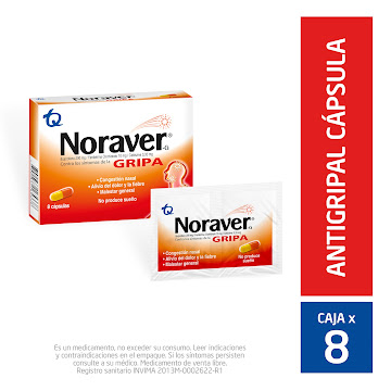 Noraver Gripa Ibuprofeno + Fenilefrina + Cetirizina 200/10/3.5mg Tecnoquímicas Caja x 8 Cápsulas  