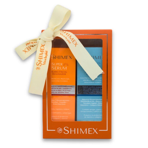 Kit Super serum renovador día x 30 ml +  super serum nocturno x 30 ml SHIMEX 30 ML x 2 El Super Serum renovador día de Shimex hidrata, revitaliza y unifica el tono de tu piel. Su fórmula con ácido hialurónico, vitamina C, Bioretinol y AcquaBio ayuda a reducir arrugas y manchas, dejando 