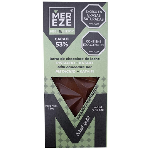 Barra chocolate sin azúcar Dubai Style MEREZE Caja x 120grs x 1 Deliciosa barra de chocolate sin azúcar rellena de crema de pistacho y kataifi al mejor estilo de Dubai
