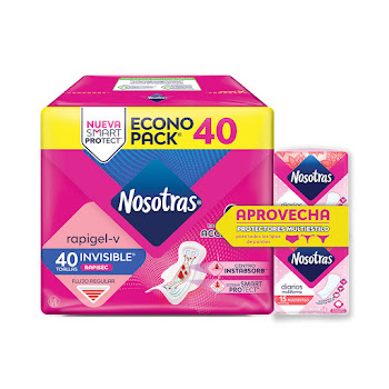 Toallas Nosotras   Invisible Rapigel x 40 und + 2 Protectores Nosotras Multiestilo x 15 und  