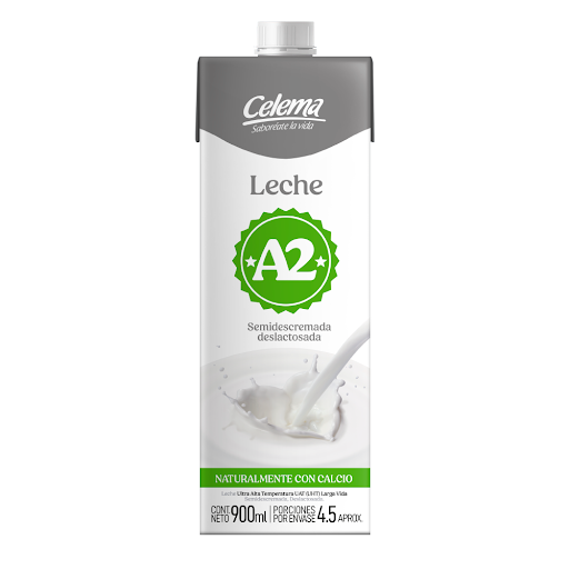 Leche A2 Semidescremada Deslactosada Celema  Tapa Rosca Caja x 900 Ml