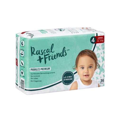 Pañales Rascals Baby Talla-4 Bebé de 10 a 15 Kg por 34 Unds Rascals Baby Paquete x 34 Pañales Rascal + Friends, el pañal con el mejor desempeño! Los padres no somos sabios, serenos y no lo tenemos todo resuelto, pero si sabemos que la vida es lo suficientemente complicada para tener qu