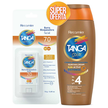 Crema Bronceadora Suntan Cream Tanga SPF4 x 250 ml + Barra Bloqueadora Facial Tanga x 13 gr  