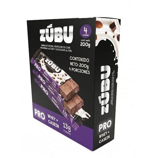 BARRA DE FRUTAS Y FRUTOS SECOS CON PROTEINAS LACTEAS Y CHOCOLATE AL 70% ZUBU CAJA x 4 