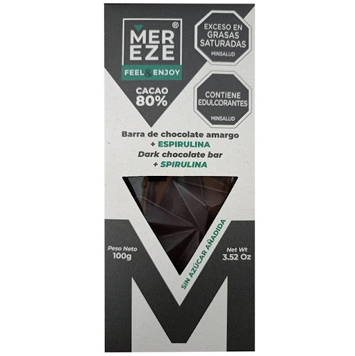 Barra de chocolate sin azúcar 80% cacao + espirulina MEREZE 100grs x 1 Barra de chocolate sin azúcar 80% cacao + espirulina