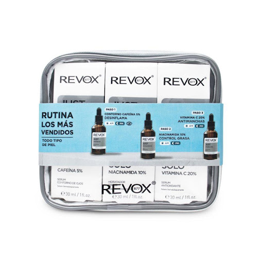 Kit Facial Revox Rutina Día y Noche 3 Und Revox Líquido x 3 und La estuchería Revox Día & Noche ofrece una rutina facial completa en 3 pasos con potentes activos: cafeína para revitalizar el contorno, niacinamida para equilibrar la piel y vitamina C para iluminar 
