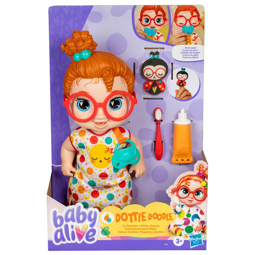 Muñeca Baby Alive Dottie Doodle Felices Sueños Baby Alive  x 1 Dottie Doodle está lista para la hora de dormir con su tierno set de pijama y accesorios. Con su chupete mágico, que activa el movimiento de sus ojos, y su marioneta en forma de mariquita, los niños p