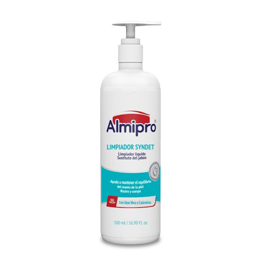 LIMPIADOR ALMIPRO SYNDET x 500 ml ALMIPRO 500  x ML El limpiador líquido Almipro Syndet es un sustituto del jabón, diseñado para respetar el 
pH natural de la piel, lo que ayuda a mantener su equilibrio. Esta fórmula especializada, 
con todas las propi