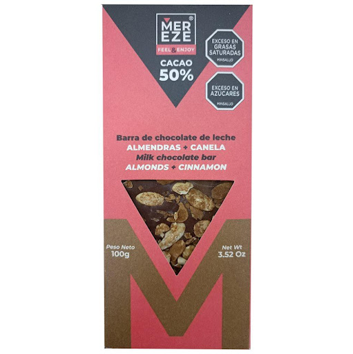 Barra chocolate Semiamargo + Almendras + Canela  MEREZE 100grs x 1 Barra chocolate de leche semiamargo con Almendras tostadas en canela