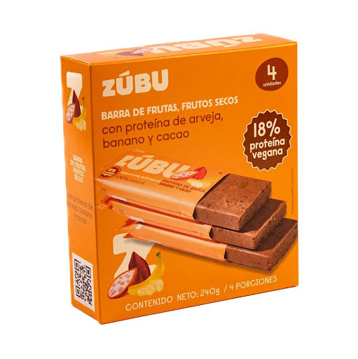 ZUBU ZUBU CAJA x 4 Barra con proteína aislada de arveja, banano y cacao. Sin azúcar añadida ni conservantes, rica en nutrientes y energía, ideal como snack saludable en cualquier momento del día.