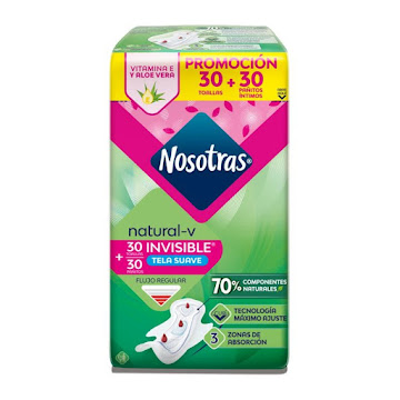 Toallas Higiénicas Nosotras Natural Invisible Tela Tipo Algodón x 30 und + Pañitos Íntimos x 30 und  
