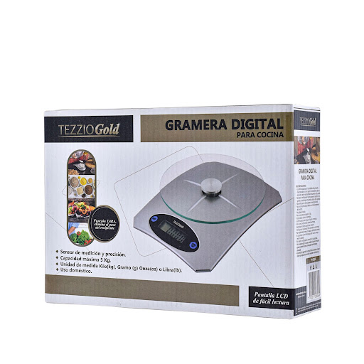 Gramera Digital Tezzio Base de Vidrio Tezzio Caja x 1 Una herramienta de cocina útil, la báscula digital de cocina Tezzio hace que sea fácil pesar rápidamente ingredientes o artículos alimenticios. Es particularmente útil para productos horneados donde c