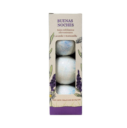 Sales efervescentes Buenas Noches con aceites esenciales de lavanda y manzanilla x 3 unidades 40 gr - 120 gr El Jardín de Eva Caja x 1 Las Sales Efervescentes Buenas Noches están formuladas con aceites esenciales de lavanda y manzanilla, pensadas para acompañar el cierre del día y ayudarte a liberar el cansancio de forma natural. Al 