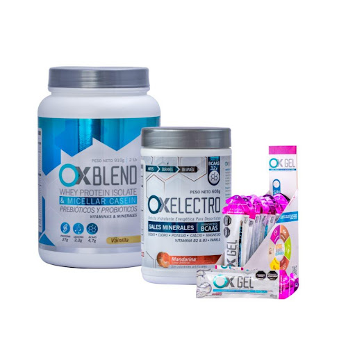 Combo Proteína+ Hidratante + Gel energético Ox Blend Vainilla, Ox Electro Mandarina, Ox Gel Arandanos sin Cafeina Ox Sports Nutrition Envase plástico, Sachet x 3 Proteína Ox Blend 

Recuperación rápida y efectiva
27 g de proteína (90 % whey isolate + caseína) + 4,7 g de BCAAs → repara microdesgarros, acelera la regeneración muscular y te prepara para volver a 