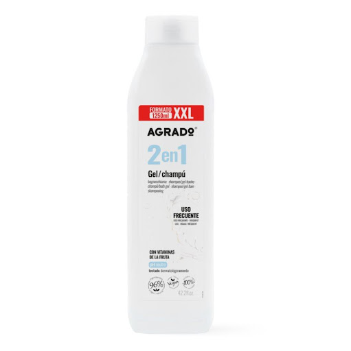 Gel Champú 2 en 1 Familiar Agrado  1250 ml AGRADO BOTELLA XXL  x UND  Simplifica la rutina de higiene de toda la familia con el Gel Champú 2 en 1 Familiar Agrado 1250 ml. Su práctica fórmula limpia suavemente el cuerpo y el cabello en un solo paso, ayudando a mantener l