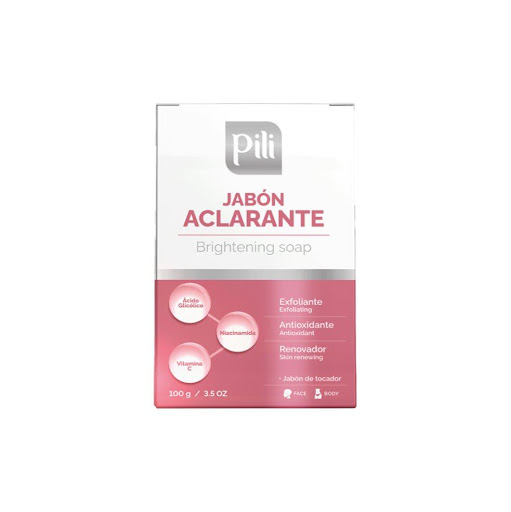 JABON PILI  ACLARANTE 100 g PILI 100 g x und Conoce nuestro Jabón Aclarante es un complemento para combatir las manchas en áreas como rostro, cuello, axilas, codos, entrepierna y rodillas. Su fórmula especial, cuidadosamente diseñada, tiene acci