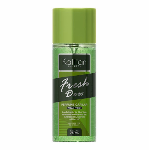 Perfume Capilar Fresh Dew Kattian Frasco x 75 ml Perfume capilar con una combinación de ingredientes que actuan como un tratamiento multifuncional que no solo perfuma el cabello, sino que repara y embellece la fibra capilar.  Con Keratina Hidrolizad