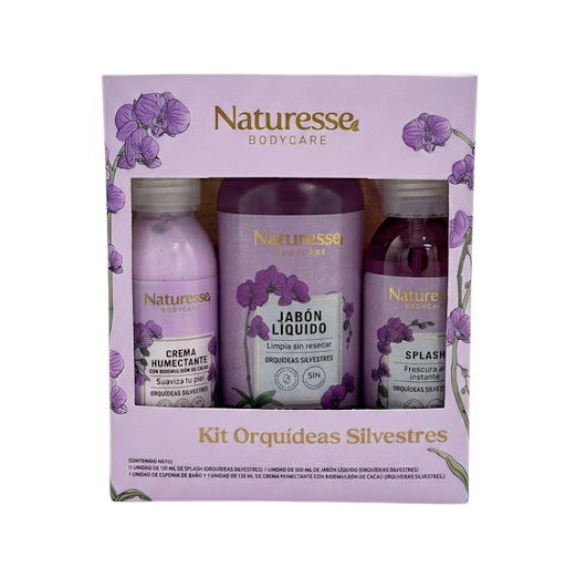 Kit Orquideas silvestres Naturesse caja x 4 El Kit Orquídeas Silvestres combina jabón líquido, crema humectante, splash y esponja de ducha para una rutina de limpieza, hidratación y frescura. Su delicado aroma floral deja la piel suave, confort