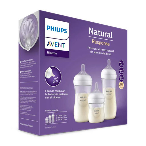 Set Natural - 3 Teteros 11oz-9oz-4oz Philips Avent Caja x 1 Set de teteros Philips Avent Natural Response con tetina que imita el pecho, válvula anticólicos y diseño antiderrames. Permite succionar, tragar y respirar al ritmo del bebé. Seguro, libre de BPA y f