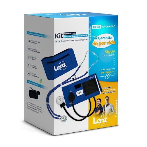 Kit Fonendo + Tensiómetro Lenz Royal Lenz  x 1 Kit de diagnóstico LENZ Royal en color azul rey, compuesto por fonendoscopio tipo Rappaport de doble campana y tensiómetro aneroide de alta precisión. Diseñado para la medición manual de la presión ar