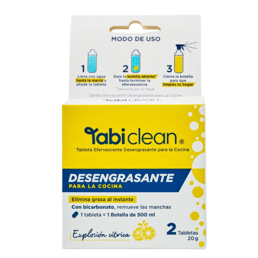 Rinde 1 litro Repuesto Desengrasante Cocina TABI CLEAN 2 tabletas  TABI CLEAN COLOMBIA Contiene 2 tabletas efervescentes para desengrasar superficies x 1 Incluye 2 unidades que rinden 1 litro en total con poder desinfectante, elimina grasa al instante. Ideal para recargar tu botella Tabi, reduciendo el desperdicio de plástico de un solo uso.