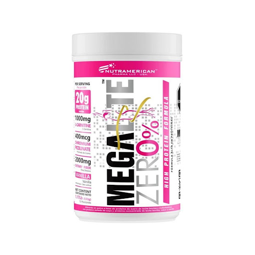 Megalite Zero % 1.17 LB Proteina + L-Carnitina NUTRAMERICANPHARMA Tarro x 1.17 Lb (533g) Megalite Zero %, combina en su fórmula por toma, el 50% de la recomendación diaria de proteína, obtenida de tres fuentes, con diferentes velocidades de absorción. Contiene en su fórmula 1.000 mg L-Car
