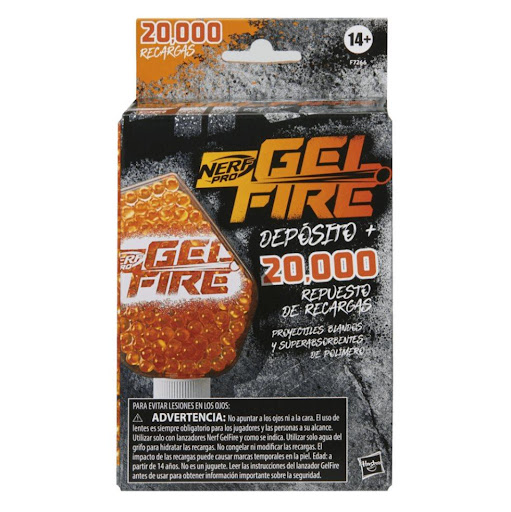 Repuesto Nerf Pro Gelfire Naranja 20.000 Recargas Nerf  x 1 El Repuesto Nerf Pro Gelfire Naranja 20.000 Recargas es un accesorio diseñado para mantener la acción en tus batallas Nerf. Incluye 20.000 recargas deshidratadas y un depósito con capacidad para 800 r