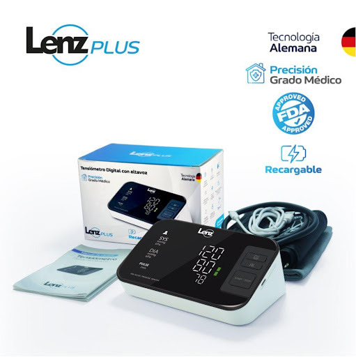 Tensiómetro Digital recargable Lenz Plus, Con Altavoz y Tecnología Alemana, Grado Medico, Caja x 1 Lenz Caja x 1 El tensiómetro Lenz Plus AES-U632 recargable, con certificación de grado médico, ofrece mediciones precisas y clínicamente validadas bajo los más altos estándares internacionales (FDA). Su tecnología 