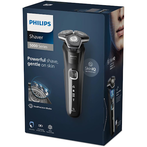 Afeitadora Eléctrica Wet & Dry Con Tecnología Skiniq Philips Caja x 1 Philips S5898/17 Series 5000: afeitadora eléctrica con cuchillas SteelPrecision, tecnología SkinIQ, cabezales 360°, uso en seco y húmedo, batería recargable y recortador integrado.
