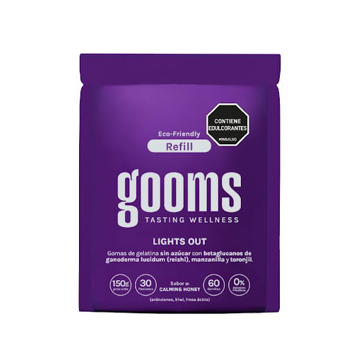 GOOMS Refill Lights Out GOOMS Refill x 60 Nuestra fórmula nocturna con magnesio, manzanilla, toronjil y reishi — ingredientes tradicionalmente asociados a momentos de relajación y descanso. Pensada para sumarse a tu rutina de la noche, sin az