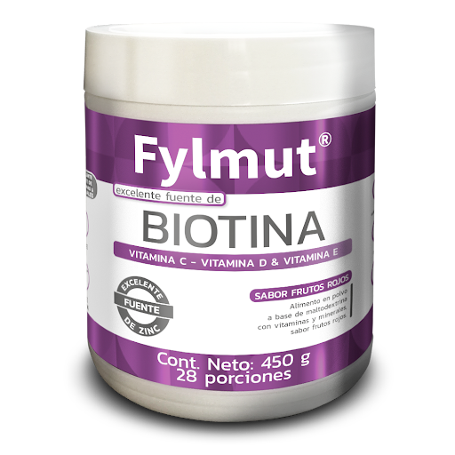 Biotina Fylmut sabor frutos rojos x 450g Fylmut 450g x 1 La biotina, también conocida como vitamina B7, forma parte del complejo de vitaminas del grupo B y es ampliamente reconocida por su papel en procesos relacionados con el metabolismo de nutrientes.