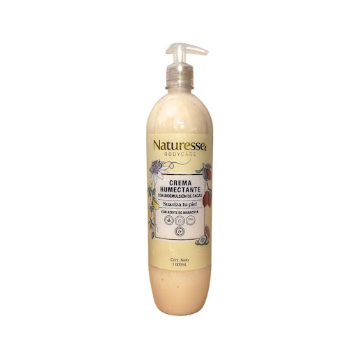 Crema bioemulsión de cacao aceite maracuya x 1lt Naturesse botella x 1 Crema humectante natural x 1lt con bioemulsión de cacao y aceite de maracuyá. Ayuda a nutrir, suavizar e hidratar la piel diariamente. Su textura ligera se absorbe fácilmente, dejando una sensación co