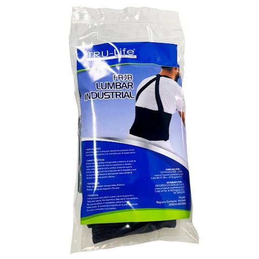 FAJA LUMBAR INDUSTRIAL TALLA S TRULIFE BOLSA x 1 Ayuda alinear adecuadamente a zona lumbar evitando fuerza extremas en los músculos de la espalda, evitando que la columna se flexione demasiado
