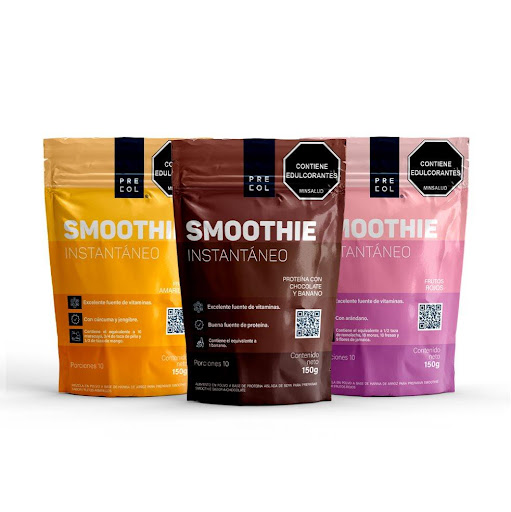 Smoothie + Precol + Frutos Amarillos,Chocolate banano , Futos Rojos + 150 g + Pack 3 und PRECOL 150 gramos cada unidad  x 3  UND  SMOOTHIE INSTANTÁNEO FRUTOS ROJOS es un producto alimenticio en polvo granular que presenta una coloración rosado claro cremoso con notas de aroma y sabor característicos a frutos rojos. Su materia pr
