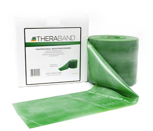 Theraband Para Ejercicio Green Rollo Theraband UN x 4500 Banda de resistencia nivel Verde (resistencia media) diseñada para rehabilitación, fortalecimiento muscular y mejora del rendimiento funcional. El formato en rollo permite cortar la longitud adecuad