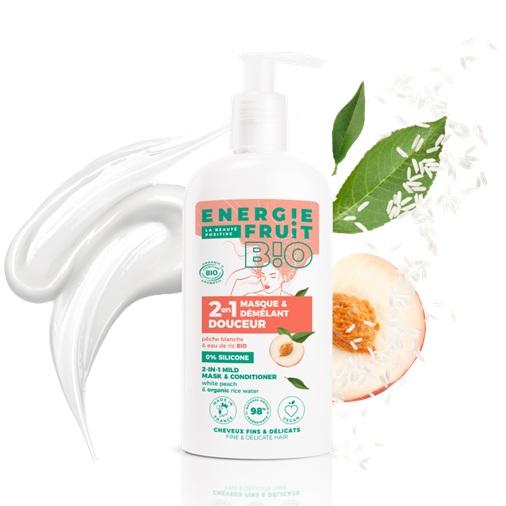 MASCARILLA SUAVE Y ACONDICIONADOR 2 EN 1 - DURAZNO BLANCO Y AGUA DE ARROZ ORGÁNICA ENERGIE FRUIT TARRO x 1 ESTE CUIDADO DEL CABELLO 2 EN 1 INFUNDIDO CON AGUA DE ARROZ BIO CUIDA TU CABELLO FINO Y DELICADO PARA UN MOMENTO ENVOLVENTE: SU TEXTURA DE BÁLSAMO ENVOLVENTE ES EL ALIADO IDEAL PARA MIMARTE Y CUIDAR S