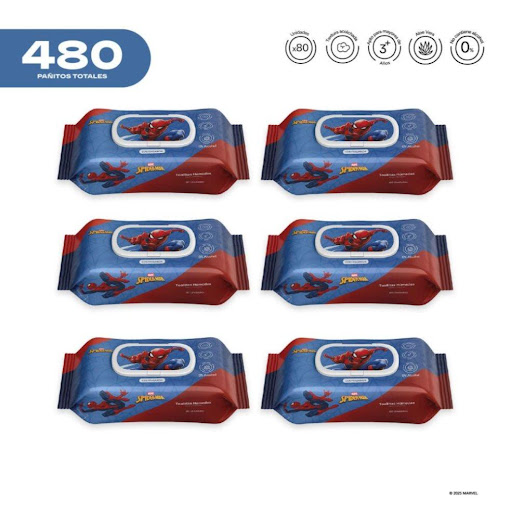 Pack x6 Pañitos Húmedos Marvel Cosmos Spider-Man CMS COSMOS Flow-Packs x 80 unidades Cada pañito húmedo ofrece una textura resistente pero a la vez delicada, brindando una suavidad similar a la de un cojín. Su fórmula no contiene alcohol y está elaborada a base de agua y extractos de 