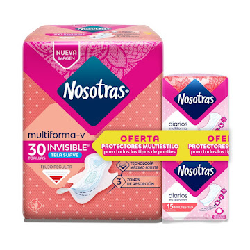 Toallas Nosotras   Invisible Multiestilo x 30 und + 2 Protectores Nosotras Multiestilo x 15 und  