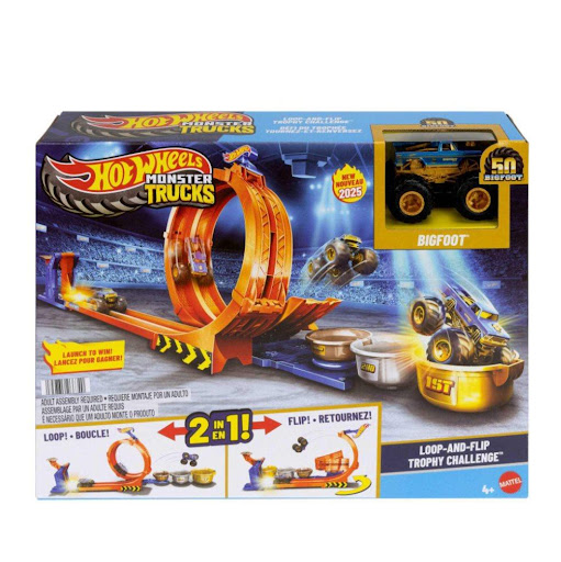 Hot Wheels Pista Monster Trucks Competencia Big Foot Giros Hot Wheels  x 1 Es un set diseñado específicamente para los Monster Trucks. Incluye una pista con giros extremos y un lanzador que impulsa los vehículos a velocidades impresionantes para enfrentarse en competiciones.