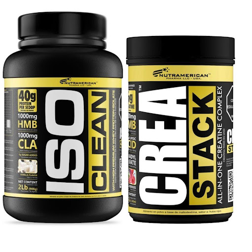 Combo Proteina Iso Clean 2 lb + Creatina Crea Stack 1.3 LB NUTRAMERICANPHARMA Tarro x 2 Lb (908g) y 1.3 Lb (600g) Combo para para máxima fuerza y ​​volumen muscular, Iso Clean, es la última tecnología en proteínas de suero adicionada con hidroxibetametilbutirato 1000 mg (HMB) y ácido linoleico conjugado 1000 mg (